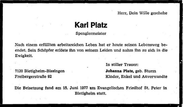 Platz Karl 1898-1977 Todesanzeige